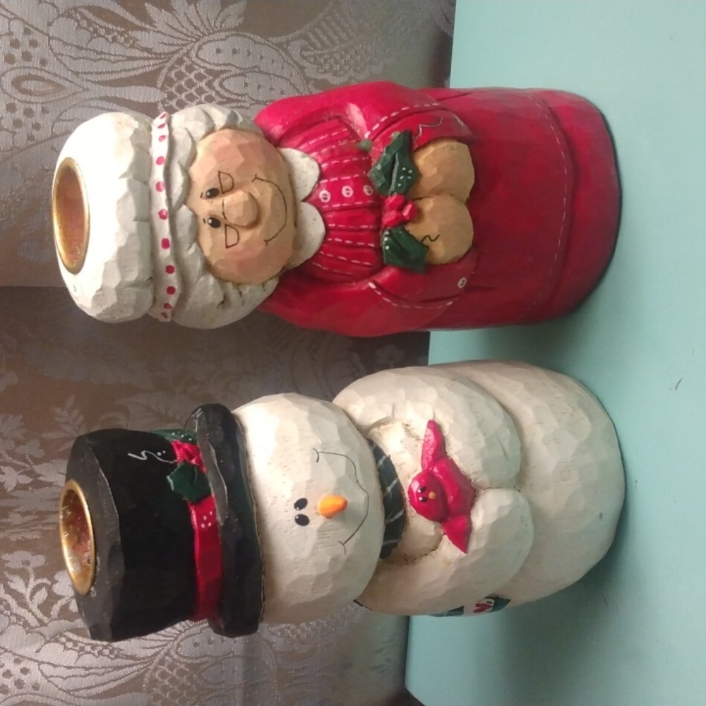 MRS Clauss, Snowman Candle Holders Signed Holidays Decor Midwest of Cannon